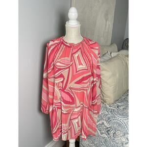 Coastal Bloom Pink Pleated Dress M Boho Retro Mod Geo Print Long Sleeve